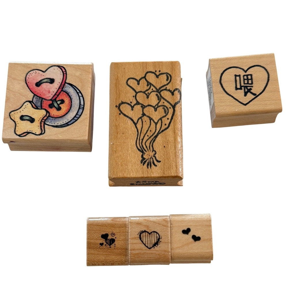 Rubber Stamps Hearts Buttons Lot OS Tan Wood Rubber Set of 6‎